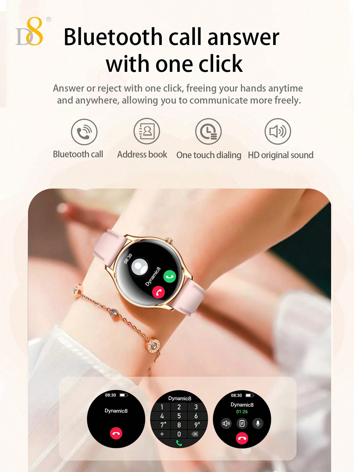 D8 Smart Watches For Women (Answer/Make Calls) Compatible With IPhone/Android Phones, 1.43" AMOLED Screen Fitness Tracker Rate Monitor 100+ Sports Tracker Watch Waterproof,Of Your Status In The  APP ,Android And IOS Phones,Long Battery & Waterproof