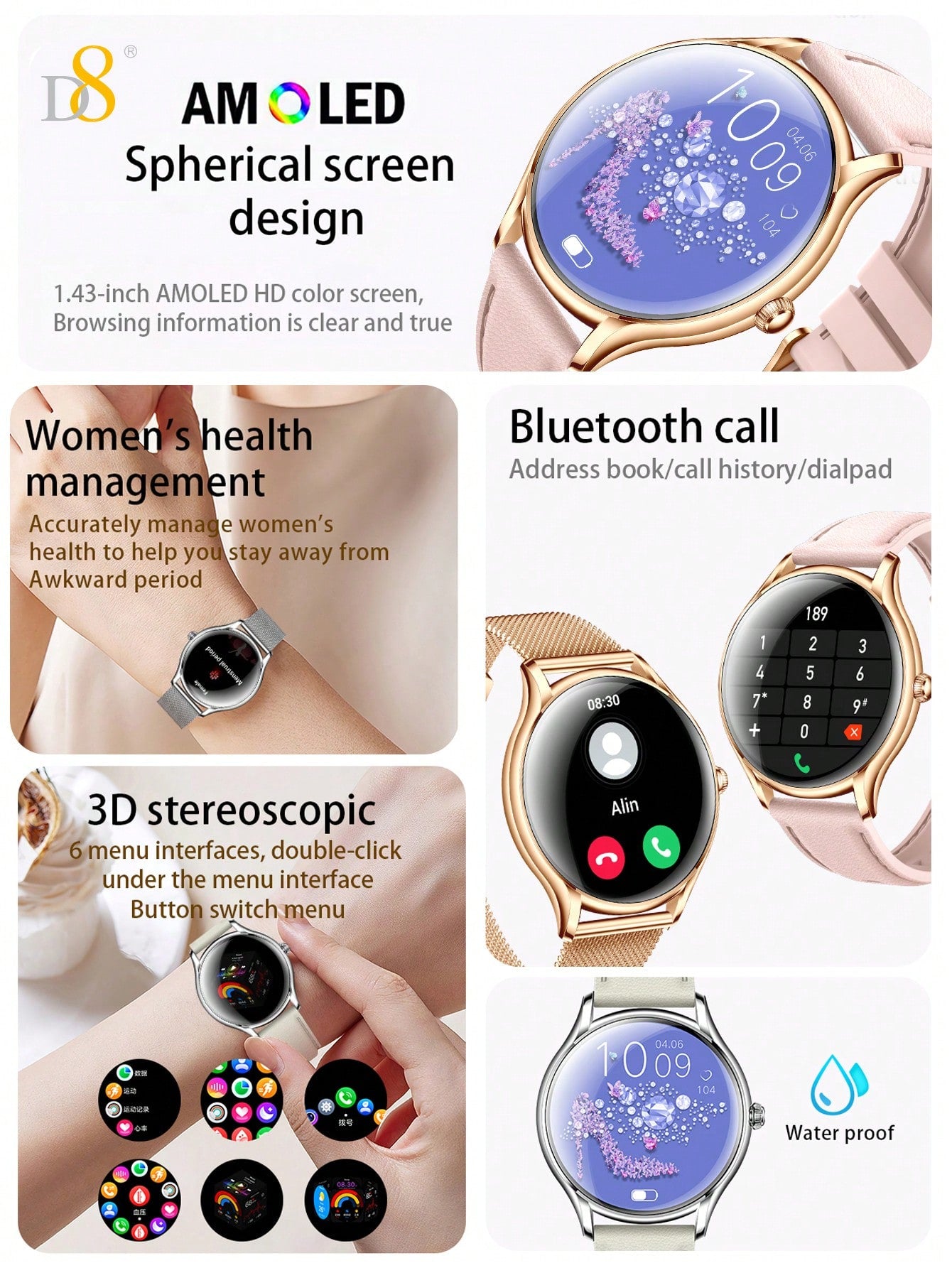 D8 Smart Watches For Women (Answer/Make Calls) Compatible With IPhone/Android Phones, 1.43" AMOLED Screen Fitness Tracker Rate Monitor 100+ Sports Tracker Watch Waterproof,Of Your Status In The  APP ,Android And IOS Phones,Long Battery & Waterproof