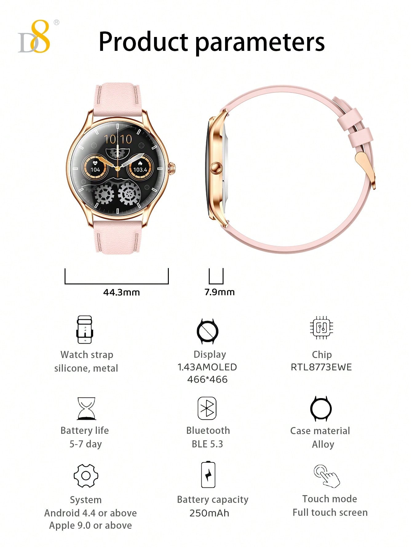 D8 Smart Watches For Women (Answer/Make Calls) Compatible With IPhone/Android Phones, 1.43" AMOLED Screen Fitness Tracker Rate Monitor 100+ Sports Tracker Watch Waterproof,Of Your Status In The  APP ,Android And IOS Phones,Long Battery & Waterproof