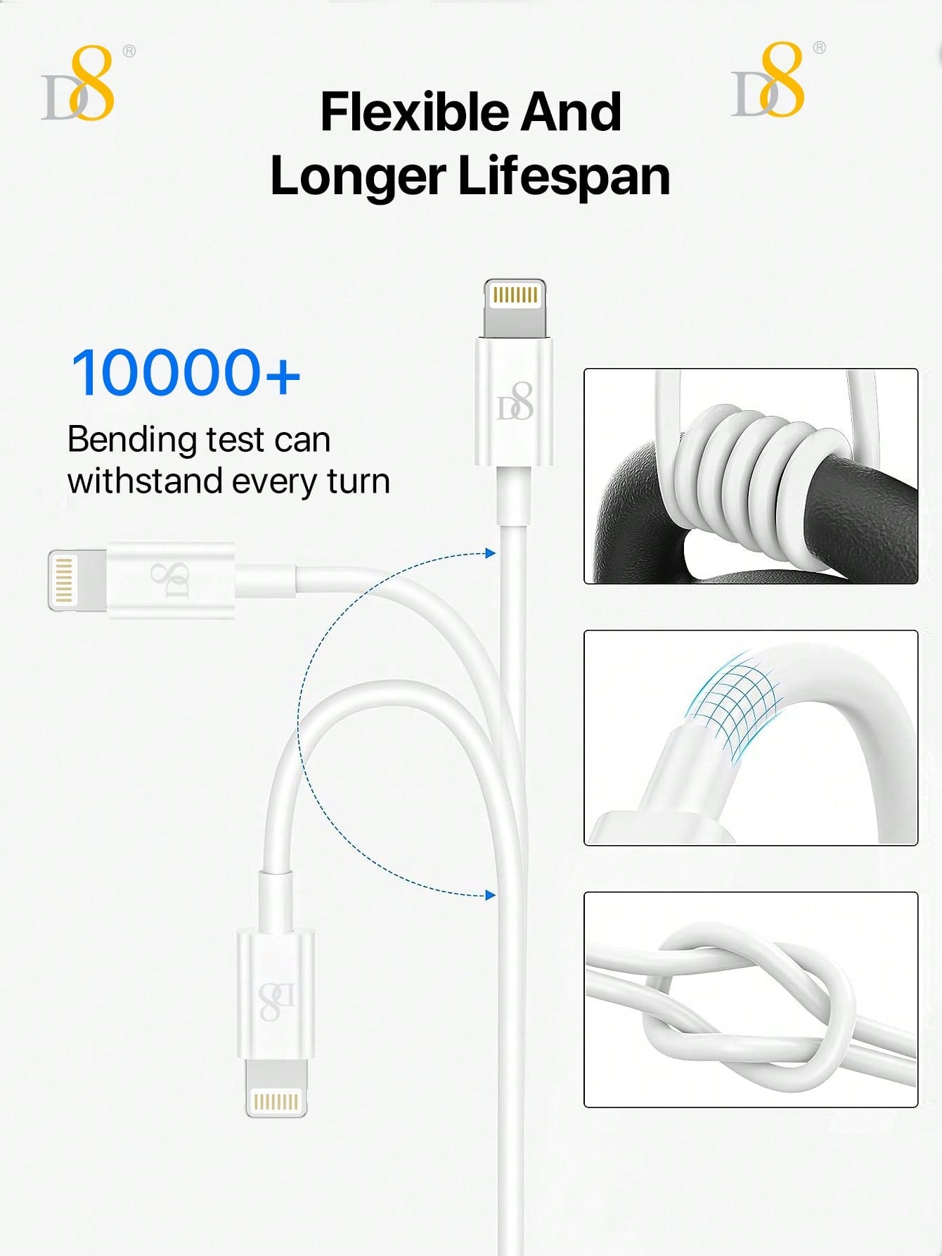 D8 USB A To Lightning Cable 2.4A Fast Charging QC Quick Charge  [MFi Certified] (2pc )Lightning Cable , iPhone Charger Cord Fast Charging Cable Compatible iPhone  14/13/12/12 Pro Max/11/11Pro/XS/Max/XR /X/8/ 8Plus/iPad /iPad Pro/Air/Mini