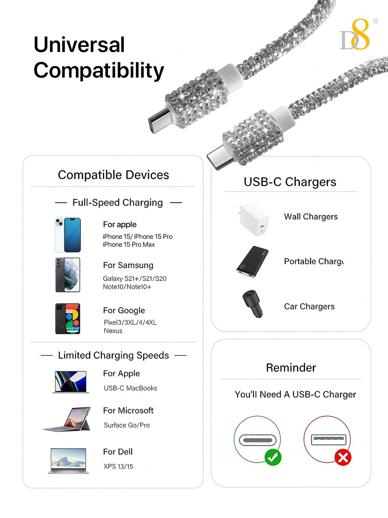 D8 USB C To USB C Cable Fast Charging, (3.3FT60W )Crystal Decoration,Rhinestone Shine, Compatible With IPhone 16 / IPhone16 Pro / IPhone 16 Pro Max/15/15 Pro/15 Plus/15 Pro Max, IPad Pro/Air/Mini, Galaxy S23+/S23S22 S21 S20 FE Ultra 5G, Note 20, Pixel 7 6