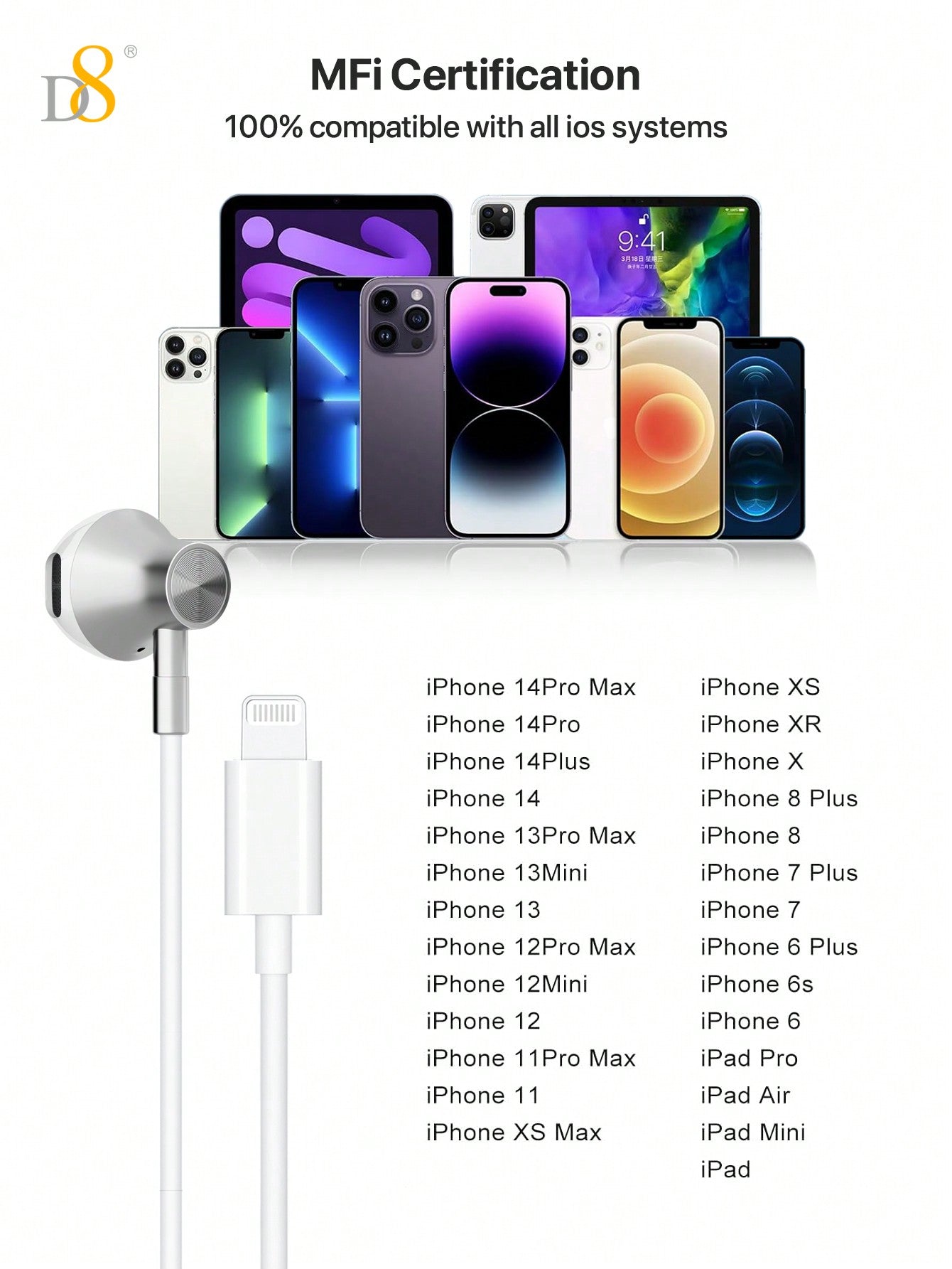 D8  Headphones With Lightning Connector. Microphone With Built-In Remote To Control Music, Phone Calls, And Volume. Wired Earbuds Compatible With IPhone Earbuds Wired Earphones With Microphone,Isolation Noise [Lightning Connector - Apple MFi Certified] Co