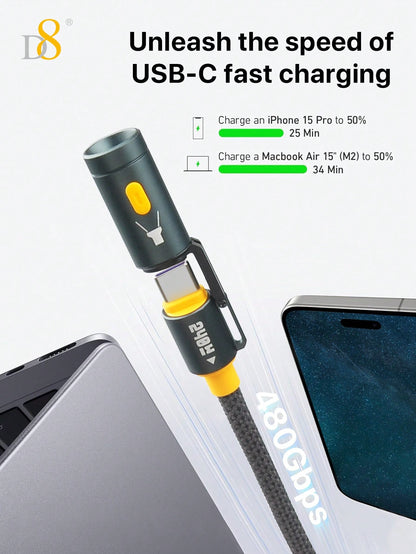 D8 All-In-1 Portable Charging Cable 240W Multi-Functional Use Bright LED Lighting Precision Heating Element 240W High Power Output Construction USB C To USB C Cable