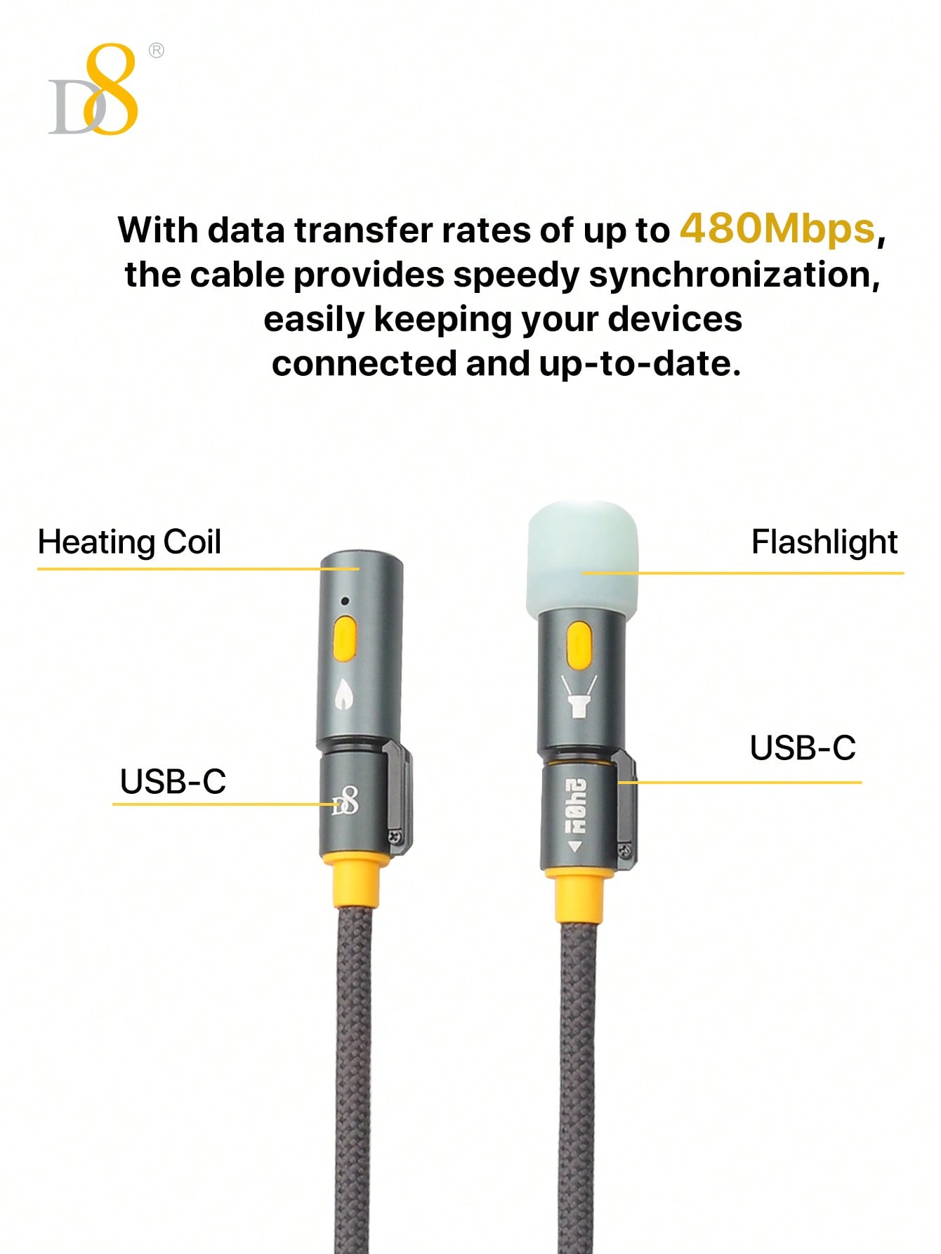 D8 All-In-1 Portable Charging Cable 240W Multi-Functional Use Bright LED Lighting Precision Heating Element 240W High Power Output Construction USB C To USB C Cable