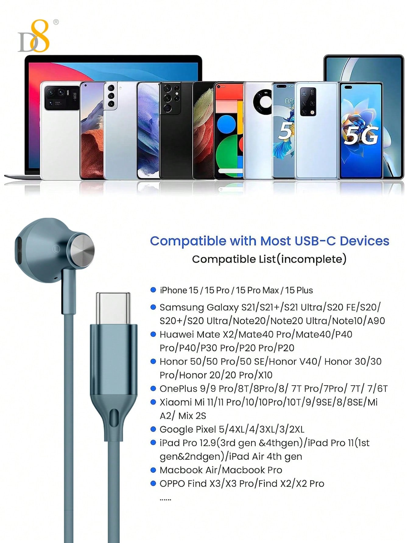 D8 Type C Headphones In Ear Earphones Earbuds With Mic And Volume Control ,Compatible Compatible With Iphone16 / IPhone16 Pro / IPhone 16 Pro Max / IPhone15 /15Puls/15Pro/15Pro Max/IPad Air 4/5/IPad Pro 12.9/11,IPad Pro /IPad Air/ IPad Mini/ Galaxy S23 S2