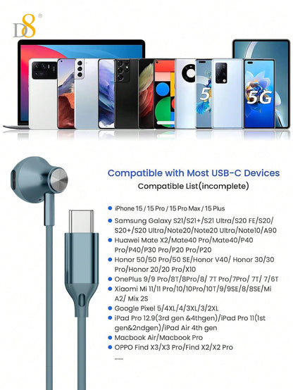 D8 Type C Headphones In Ear Earphones Earbuds With Mic And Volume Control ,Compatible Compatible With Iphone16 / IPhone16 Pro / IPhone 16 Pro Max / IPhone15 /15Puls/15Pro/15Pro Max/IPad Air 4/5/IPad Pro 12.9/11,IPad Pro /IPad Air/ IPad Mini/ Galaxy S23 S2