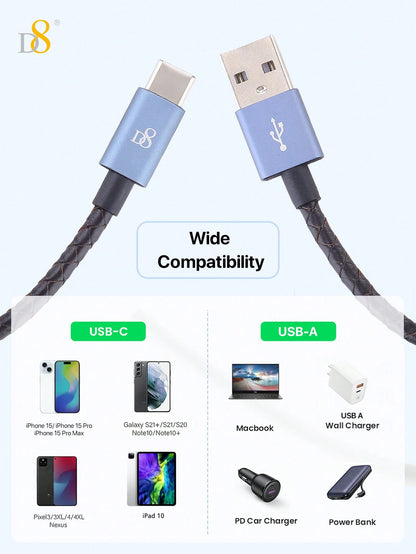 D8 Genuine Leather Short Type-C Charging Cable, (60W /0.2m )USB A To USB C Cable ,Compatible With IPhone16 / IPhone16 Pro / IPhone 16 Pro Max /15, Galaxy A10e A20 A50 A51 A71, S20 S10 S9 S8 Plus,Note 9 8,A11 A20 A51, G6 G7 V30 V35,Moto Z2 Z3