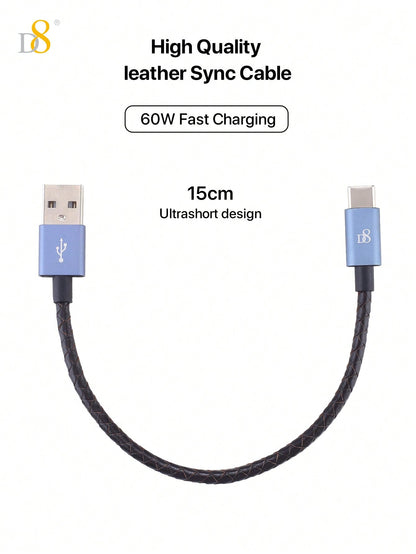 D8 Genuine Leather Short Type-C Charging Cable, (60W /0.2m )USB A To USB C Cable ,Compatible With IPhone16 / IPhone16 Pro / IPhone 16 Pro Max /15, Galaxy A10e A20 A50 A51 A71, S20 S10 S9 S8 Plus,Note 9 8,A11 A20 A51, G6 G7 V30 V35,Moto Z2 Z3