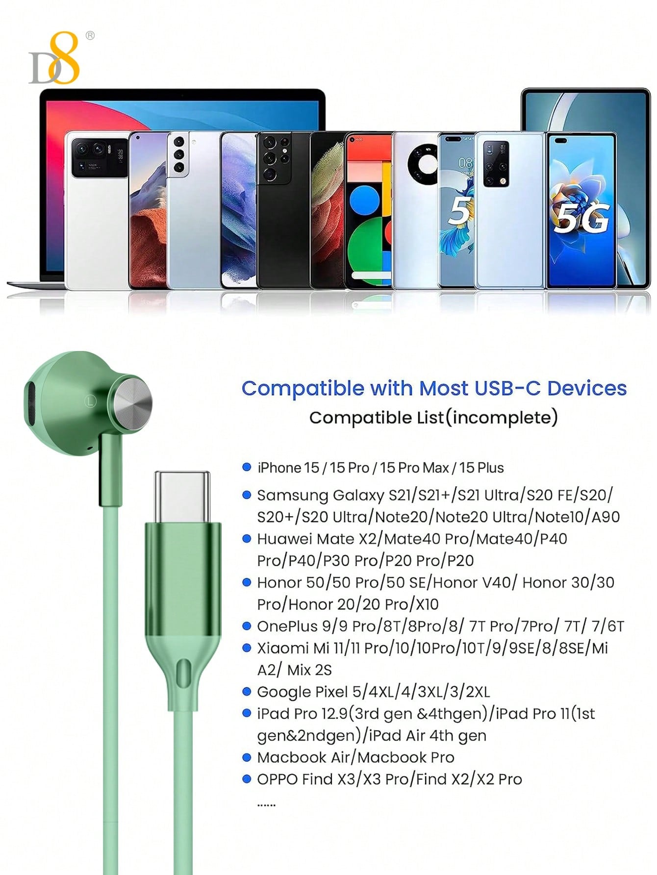 D8 Type C Headphones In Ear Earphones Earbuds With Mic And Volume Control, Compatible With IPhone16 / IPhone16 Pro / IPhone 16 Pro Max/ IPhone15 /15Puls/15Pro/15Pro Max/IPad Air 4/5/IPad Pro 12.9/11, IPad Pro /IPad Air/ IPad Mini/ Galaxy S23 S22 S21 Ultra