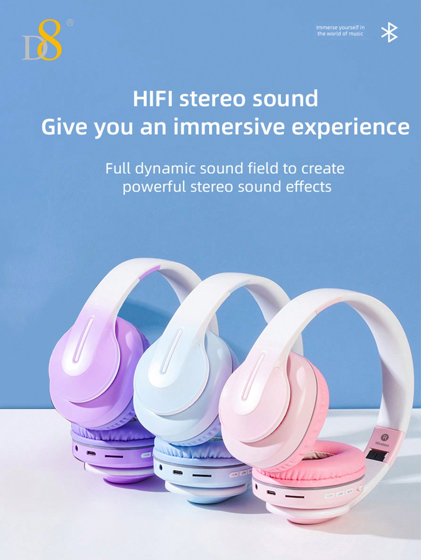 D8 Headphones Over Ear,15H Playtime And 6 EQ Music Modes With Microphone,HiFi Stereo Foldable Lightweight Wireless Headset,3.5MM/Micro SD/TF, Deep Bass For Home Office Cellph One PC Etc.