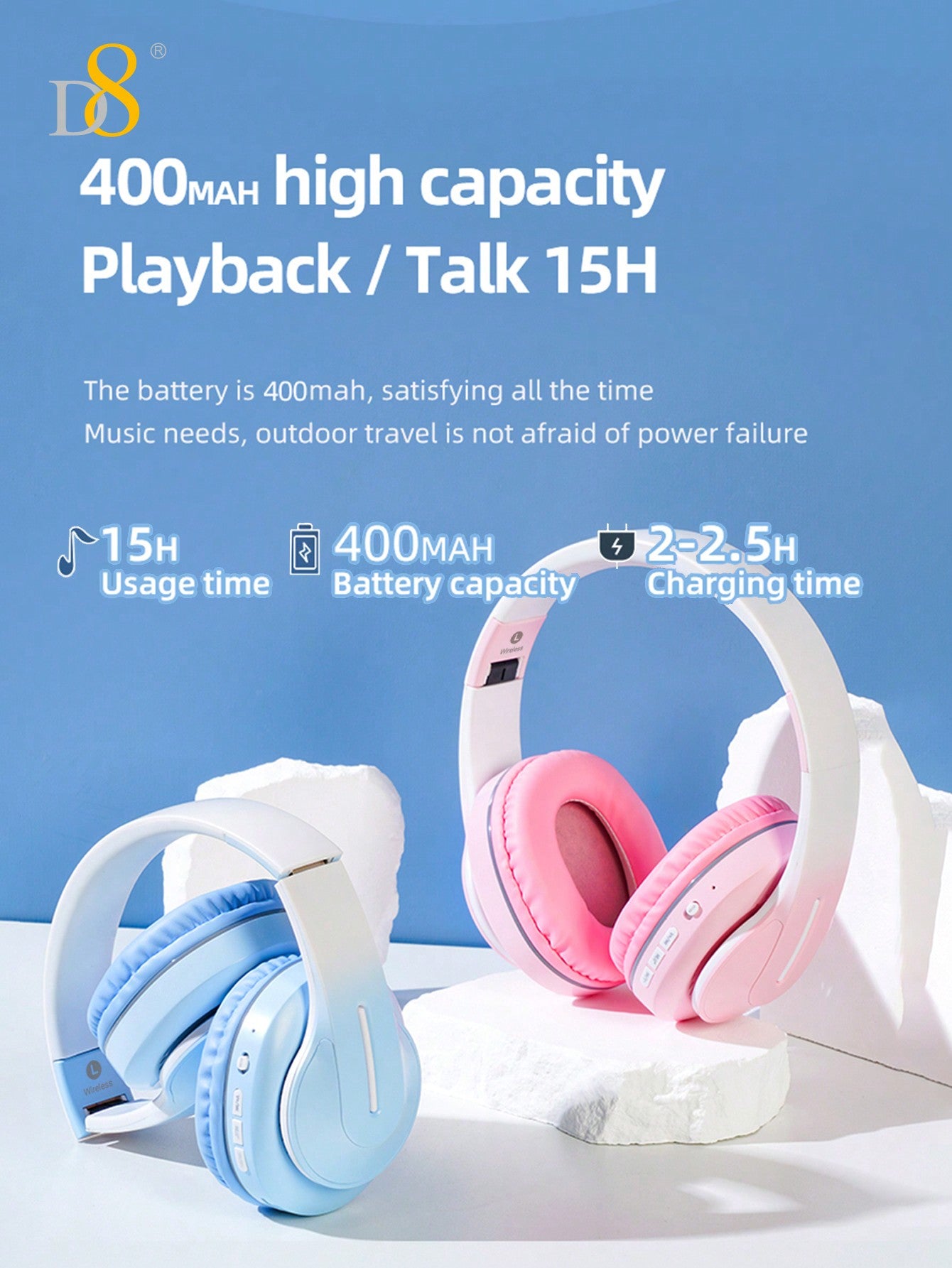 D8 Headphones Over Ear,15H Playtime And 6 EQ Music Modes With Microphone,HiFi Stereo Foldable Lightweight Wireless Headset,3.5MM/Micro SD/TF, Deep Bass For Home Office Cellph One PC Etc.