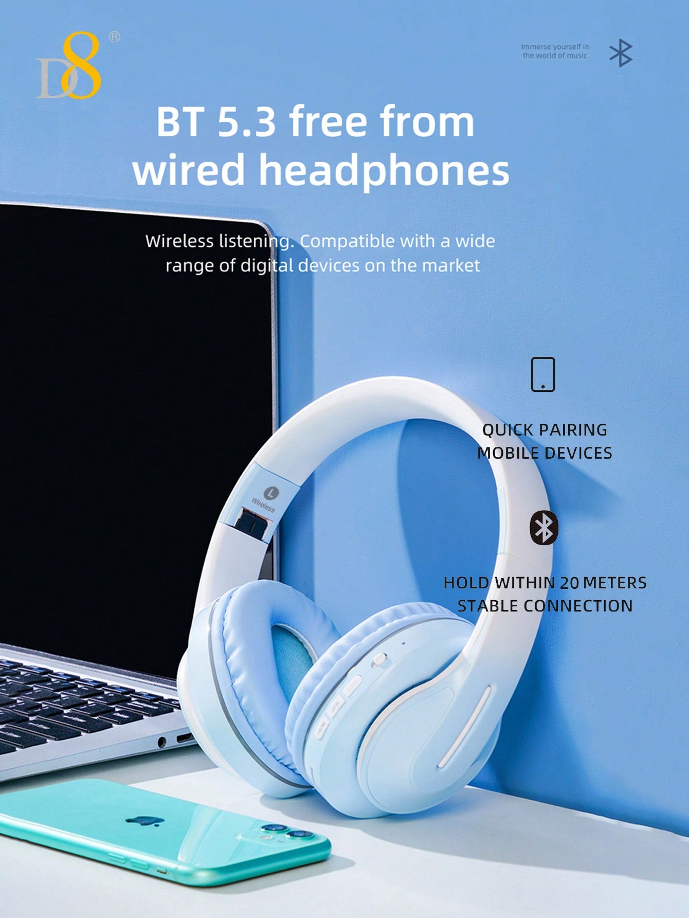 D8 Headphones Over Ear,15H Playtime And 6 EQ Music Modes With Microphone,HiFi Stereo Foldable Lightweight Wireless Headset,3.5MM/Micro SD/TF, Deep Bass For Home Office Cellph One PC Etc.