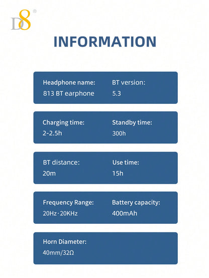 D8 Headphones Over Ear,15H Playtime And 6 EQ Music Modes With Microphone,HiFi Stereo Foldable Lightweight Wireless Headset,3.5MM/Micro SD/TF, Deep Bass For Home Office Cellph One PC Etc.