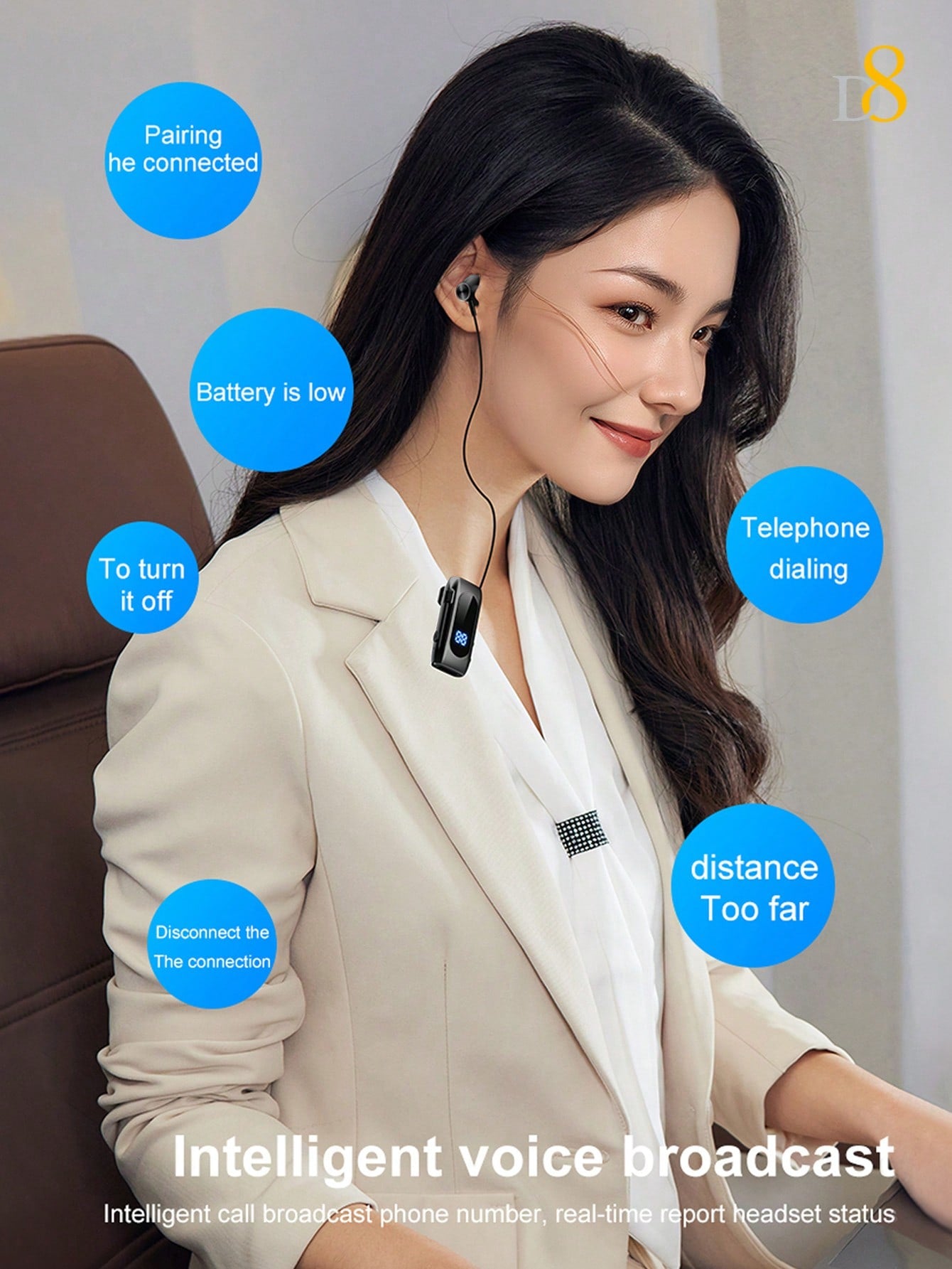 D8 1pc Retractable Wireless Headset ,LED Display Over-Ear Buds,Headphone Stereo Earphone  Noise Cancelling Mic Clip On Earpiece Comfortable HandsFree Headset 20Hrs Talking Time Sports Business Trucker Driver Earbud