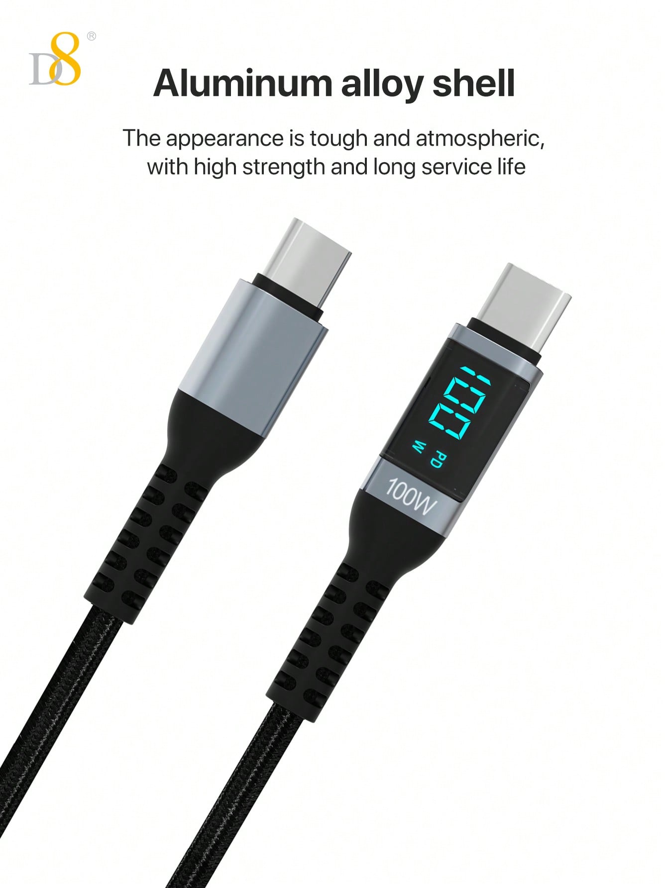 D8 USB C To USB C Cable, 1.2M New Nylon 100W/5A PD Fast Charging Charger Wire Cord With LED Display, Compatible With IPhone 15 Max/13/15Pro/Apple Laptop Air 2023/IPad Pro 2023, IPad Air 5, Samsung Galaxy S23 S23+ S23 Ultra S22 S22+ S22 Ultra S21/ S21+/ S2