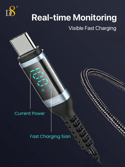 D8 USB C To USB C Cable, 1.2M New Nylon 100W/5A PD Fast Charging Charger Wire Cord With LED Display, Compatible With IPhone 15 Max/13/15Pro/Apple Laptop Air 2023/IPad Pro 2023, IPad Air 5, Samsung Galaxy S23 S23+ S23 Ultra S22 S22+ S22 Ultra S21/ S21+/ S2