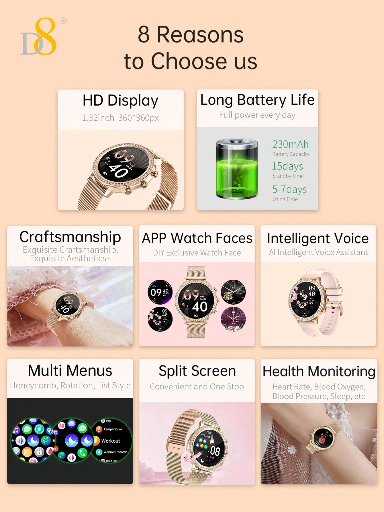 D8 Smartwatch (Answer/Make Call), 1.32" Smartwatch For Women Women IP68 Waterproof, The Bezel Is Embellished With Brilliant Diamonds,100+ Sport Modes Fitness Activity Tracker, Pedometer, Smart Watches For Android IOS,Variety Of Occasions To Wear, Leisure,