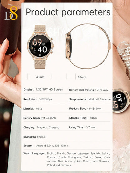 D8 Smartwatch (Answer/Make Call), 1.32" Smartwatch For Women Women IP68 Waterproof, The Bezel Is Embellished With Brilliant Diamonds,100+ Sport Modes Fitness Activity Tracker, Pedometer, Smart Watches For Android IOS,Variety Of Occasions To Wear, Leisure,