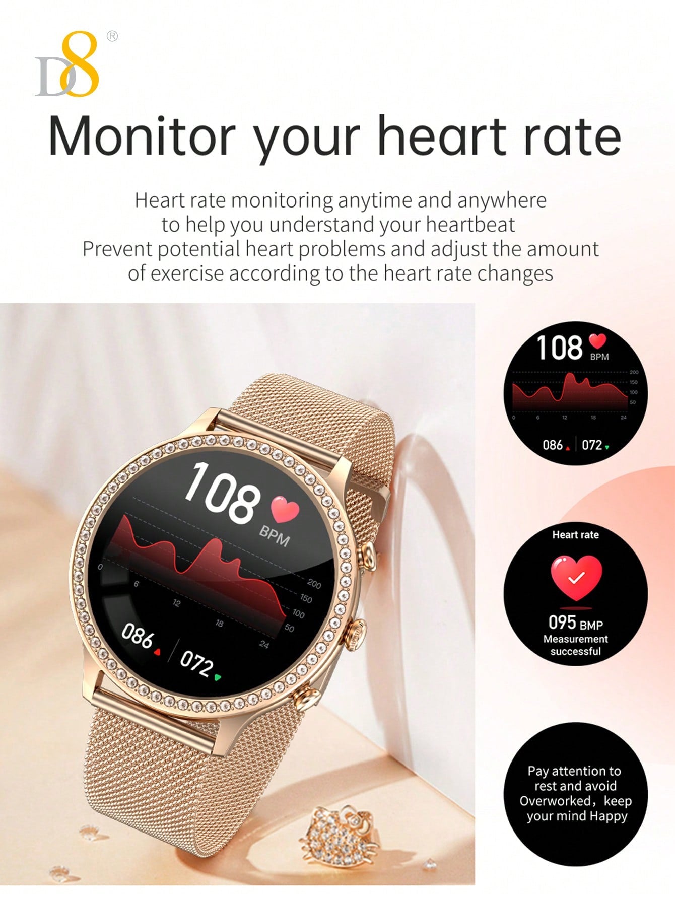 D8 Smartwatch (Answer/Make Call), 1.32" Smartwatch For Women Women IP68 Waterproof, The Bezel Is Embellished With Brilliant Diamonds,100+ Sport Modes Fitness Activity Tracker, Pedometer, Smart Watches For Android IOS,Variety Of Occasions To Wear, Leisure,