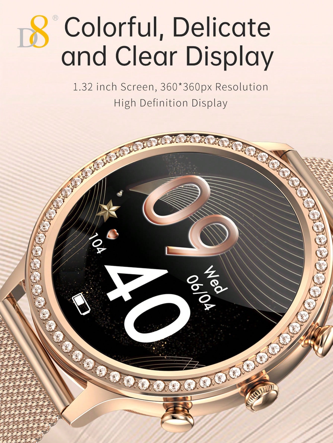 D8 Smartwatch (Answer/Make Call), 1.32" Smartwatch For Women Women IP68 Waterproof, The Bezel Is Embellished With Brilliant Diamonds,100+ Sport Modes Fitness Activity Tracker, Pedometer, Smart Watches For Android IOS,Variety Of Occasions To Wear, Leisure,