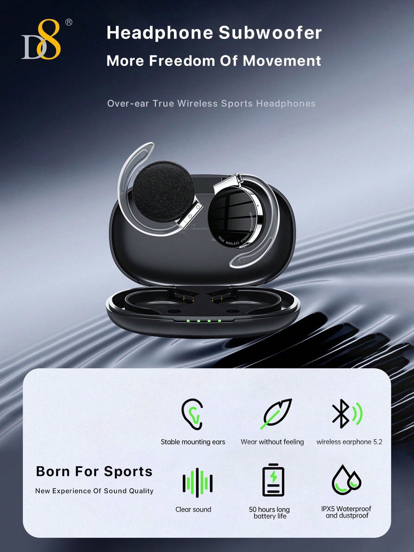 D8 Open Ear-Mounted Ear Headphones, 5.2 Wireless Sports Headphones ,Wireless Earbuds Bass Stereo Sound With Wireless Charging Case 15H Playback Earphones  With Built In Mic And Over Earhooks Waterproof Headset,Sound And Picture Synchronization Game Withou