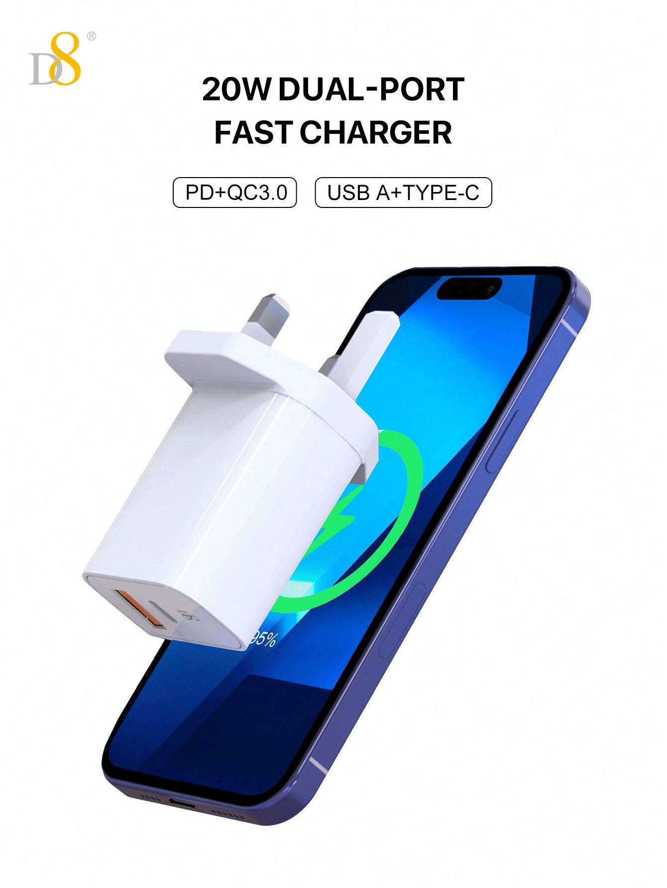 D8 1Pc IPhone 15 USB C Charger 20W PD Fast Charger Block, Type-C+QC3.0 Dual Port Wall Charger Power Adapter Compatible With IPhone16/16pro/ 15/15 Pro/15 Pro Max/14 Pro Max/13/12/11, IPad Pro/Air, Airpods Pro/Max,Galaxy And More