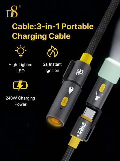 D8 All-In-1 Portable Charging Cable 240W Multi-Functional Use Bright LED Lighting Precision Heating Element 240W High Power Output Construction USB C To USB C Cable