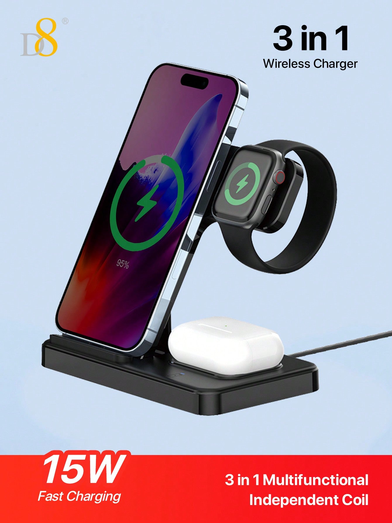 D8 Wireless Charger IPhone Charging Station: 3 In 1 Charger Stand Multiple Devices Compatible With Apple-IPhone 15 14 Pro Max 13 12 11 - Watch 9 8 7 6 5 4 3 2 Se - Airpods 3 2 Pro Holiday Gift Valentine's Day Gift Christmas Gifts,Must-Haves For Autumn And