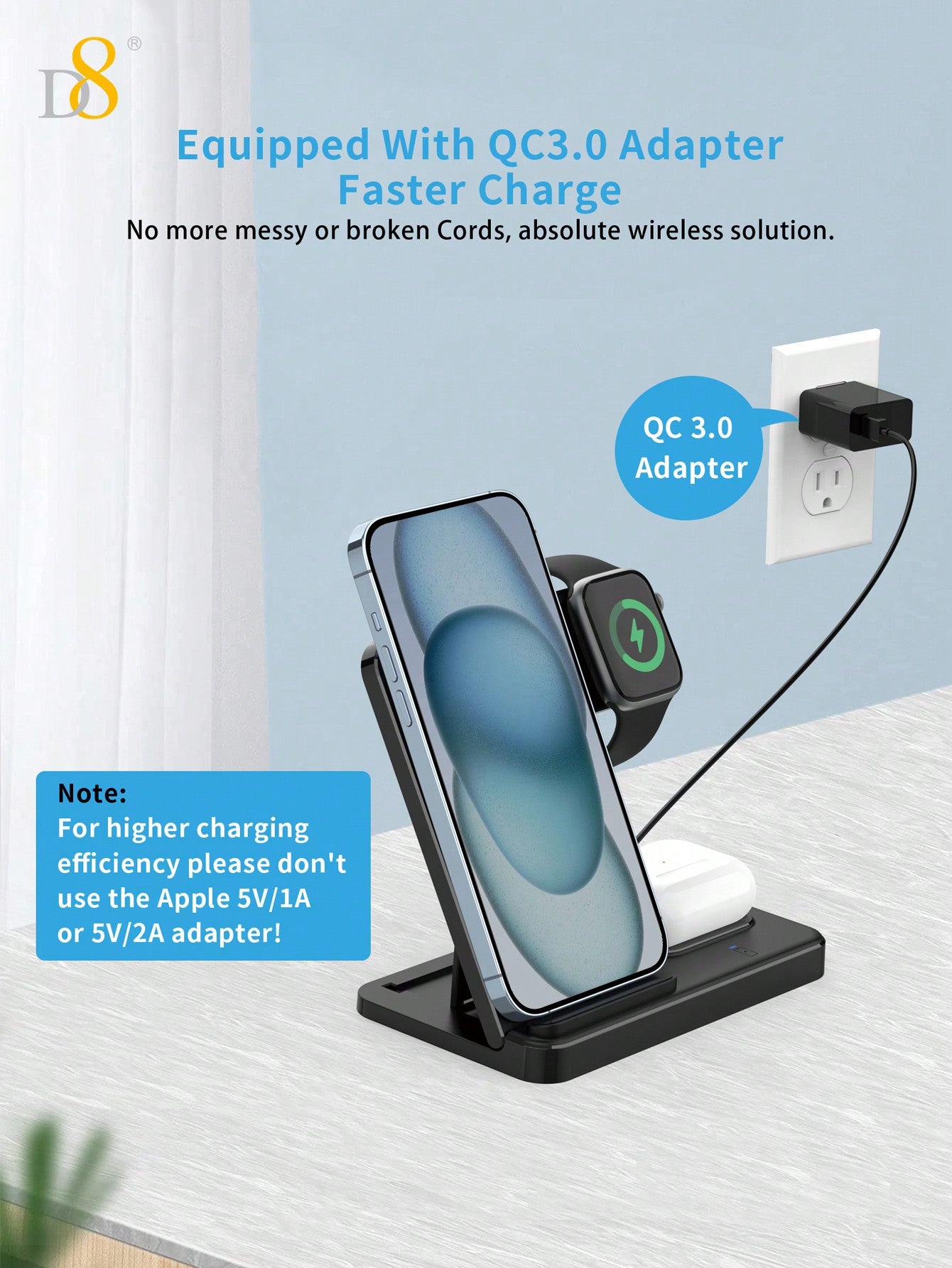 D8 Wireless Charger IPhone Charging Station: 3 In 1 Charger Stand Multiple Devices Compatible With Apple-IPhone 15 14 Pro Max 13 12 11 - Watch 9 8 7 6 5 4 3 2 Se - Airpods 3 2 Pro Holiday Gift Valentine's Day Gift Christmas Gifts,Must-Haves For Autumn And