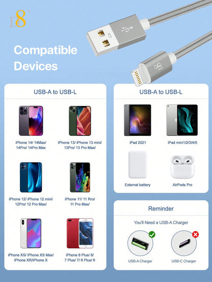 D8 IPhone Charger Cable, (3.3ftUSB2.0) Lightning Cable, Premium Nylon USB-A To Lightning Cable, MFi Certified IPhone Charger Cable Compatible With Iphone SE/Xs/XS Max/XR/X/8 Plus/7/6 Plus, IPad, And More.