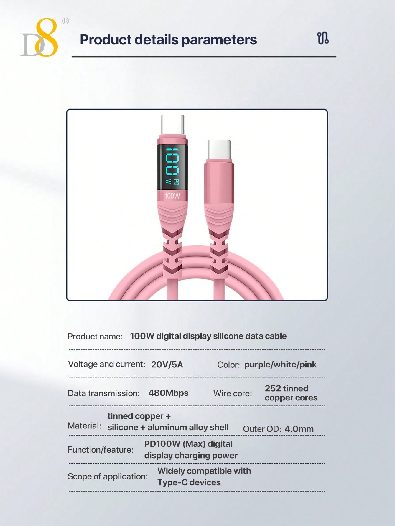 D8  USB C To USB C Cable, 100W/5A PD Fast Charging Charger Wire Cord  With LED Display,  Compatible With IPhone 15 Max/13/15Pro/ Air 2023/IPad Pro 2023, IPad Air 5,Samsung Galaxy S23 S23+ S23 Ultra S22 S22+ S22 Ultra S21/ S21+/ S21 Ultra S20/ S20+/ S20 Ul