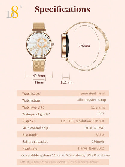 D8 Smart Watch For Women,  (Answer/Make Calls), Smartwatch For Android And IOS Phones 1.27'TFT Display,100+ Sport Modes  IP67 Heart Rate Monitor Pedometer Sleep Monitor, Calories, Round  Watch,Best Gifts Gold