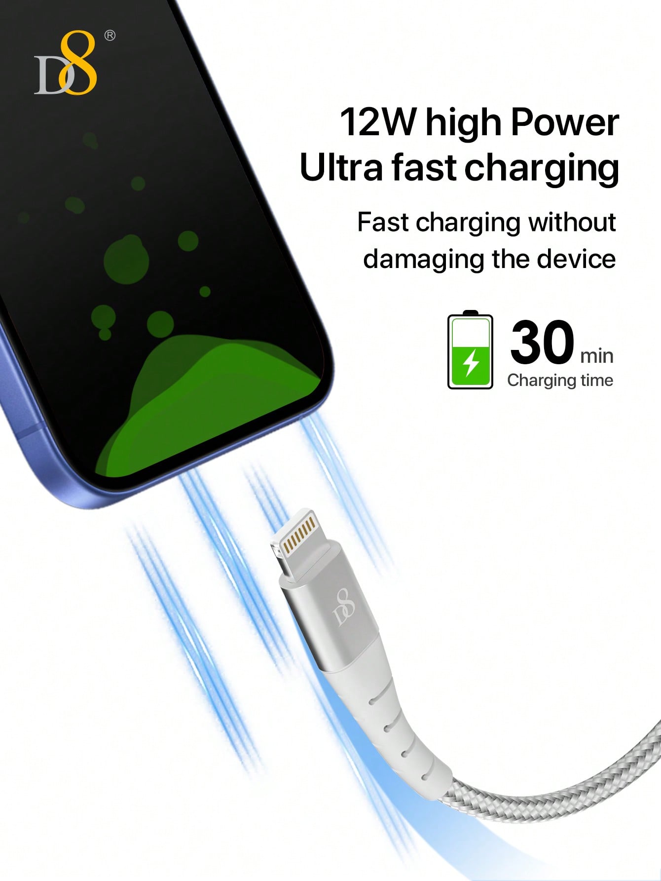 D8 1pc Charger Cable, Lightning Fast Charging Data Cable Compatible With iPhone