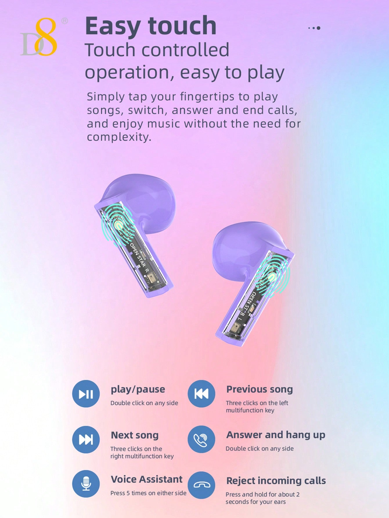 D8 Wireless Earbuds, In Ear Light-Weight Headphones Built-In Microphone, IPX5 Waterproof, Immersive Premium Sound Long Distance Connection Headset With Charging Case,RGB Multi Color Dazzling Light Effect,Near CD Level Sound Effect Open The Cover Andconnec