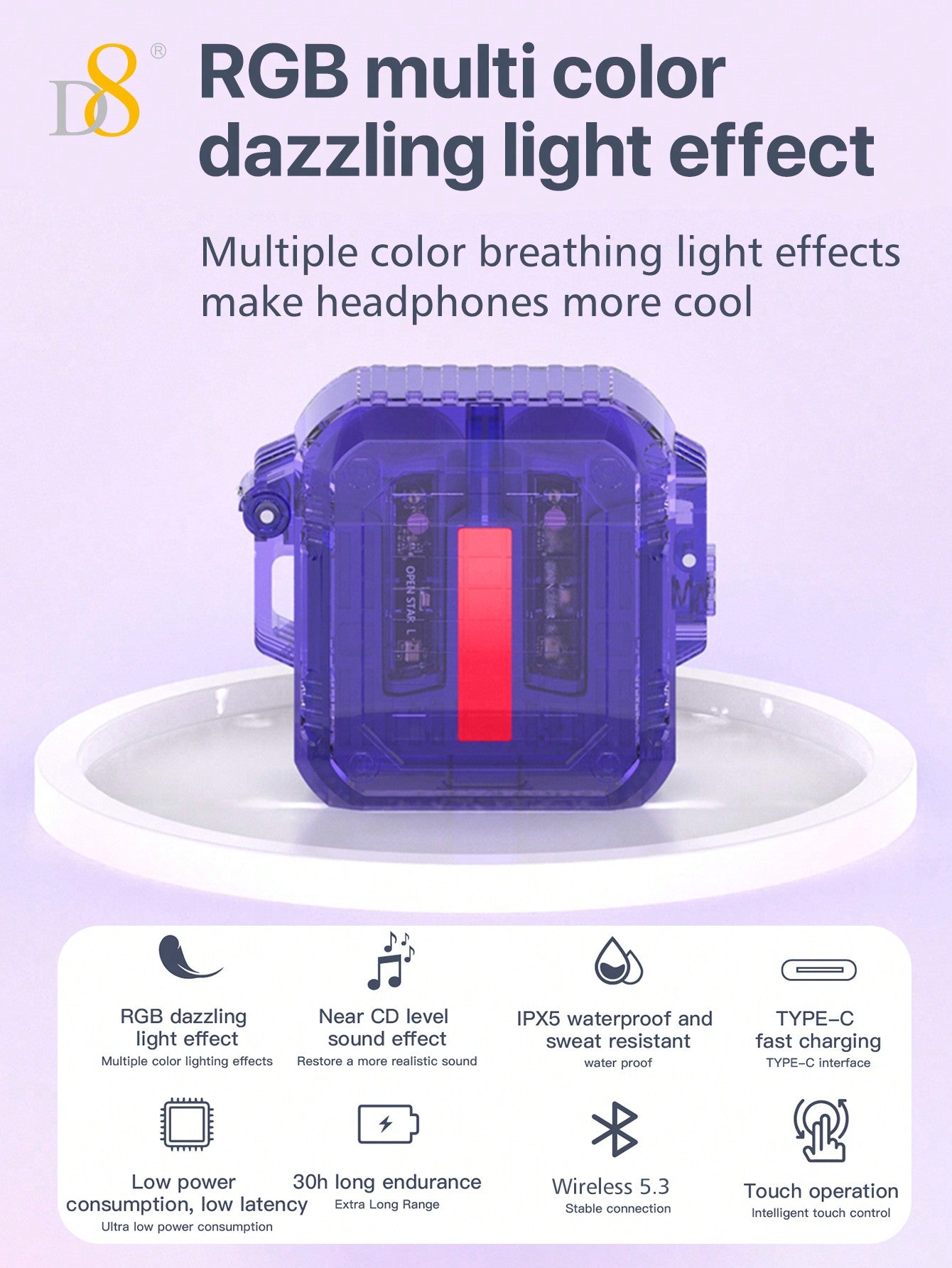 D8 Wireless Earbuds, In Ear Light-Weight Headphones Built-In Microphone, IPX5 Waterproof, Immersive Premium Sound Long Distance Connection Headset With Charging Case,RGB Multi Color Dazzling Light Effect,Near CD Level Sound Effect Open The Cover Andconnec