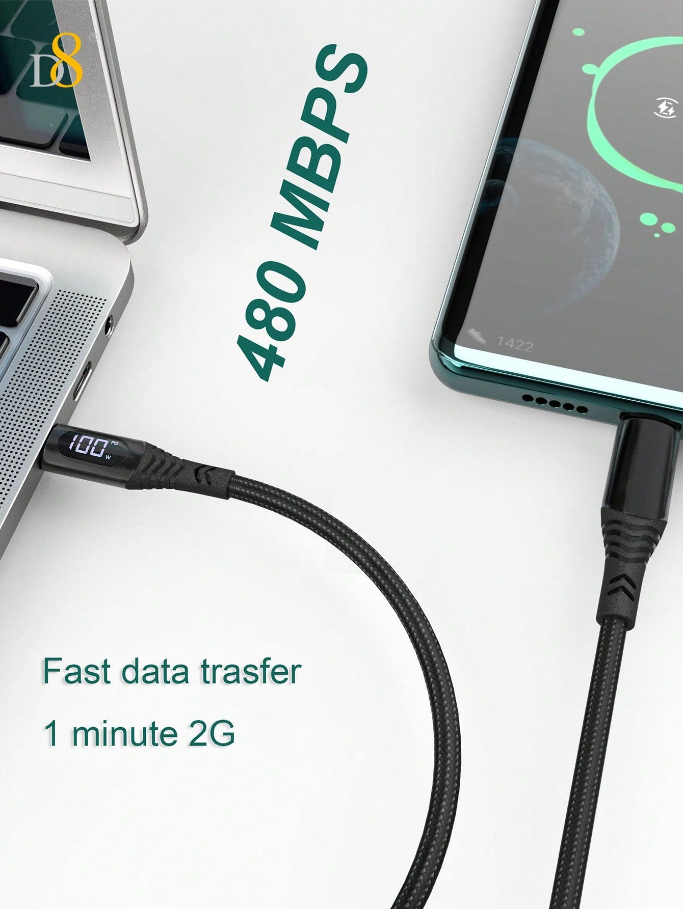 D8 USB C To USB C Cable, 1.2M New Nylon 100W/5A PD Fast Charging Charger Wire Cord With LED Display, Braided USB C Cable Real Time Fast Charging Usb C Cable Phone Accessories Usb Cables Compatible With IPhone 16 / IPhone16 Pro / IPhone 16 Pro Max/15 Max/1