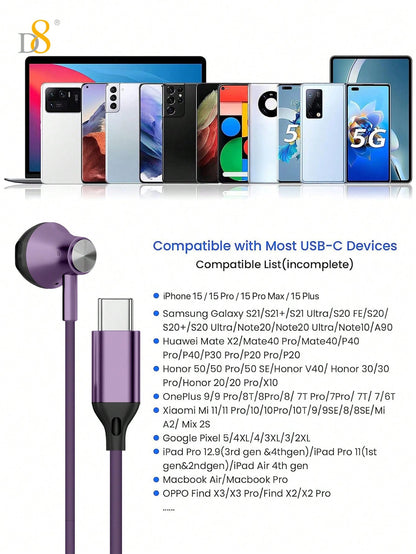 D8 Type C Headphones In Ear Earphones Earbuds With Mic And Volume Control, Compatible With IPhone16 / IPhone16 Pro / IPhone 16 Pro Max /IPhone15/15Puls/15Pro/15Pro Max/IPad Air 4/5/IPad Pro 12.9/11, IPad Pro /IPad Air/ IPad Mini/ Galaxy S23 S22 S21 Ultra