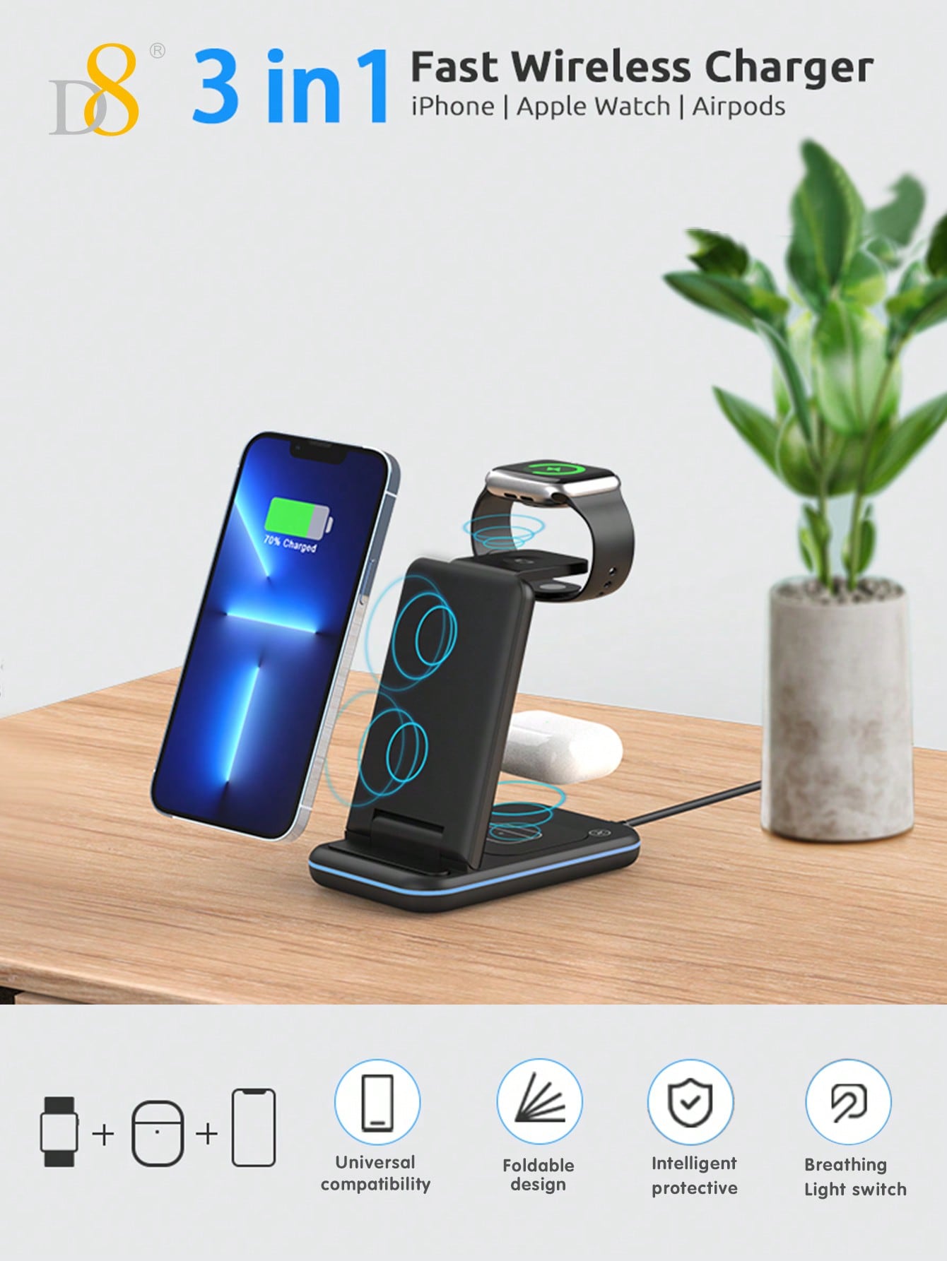 D8 Wireless Charging Station,3 In 1 Wireless Charging Stand