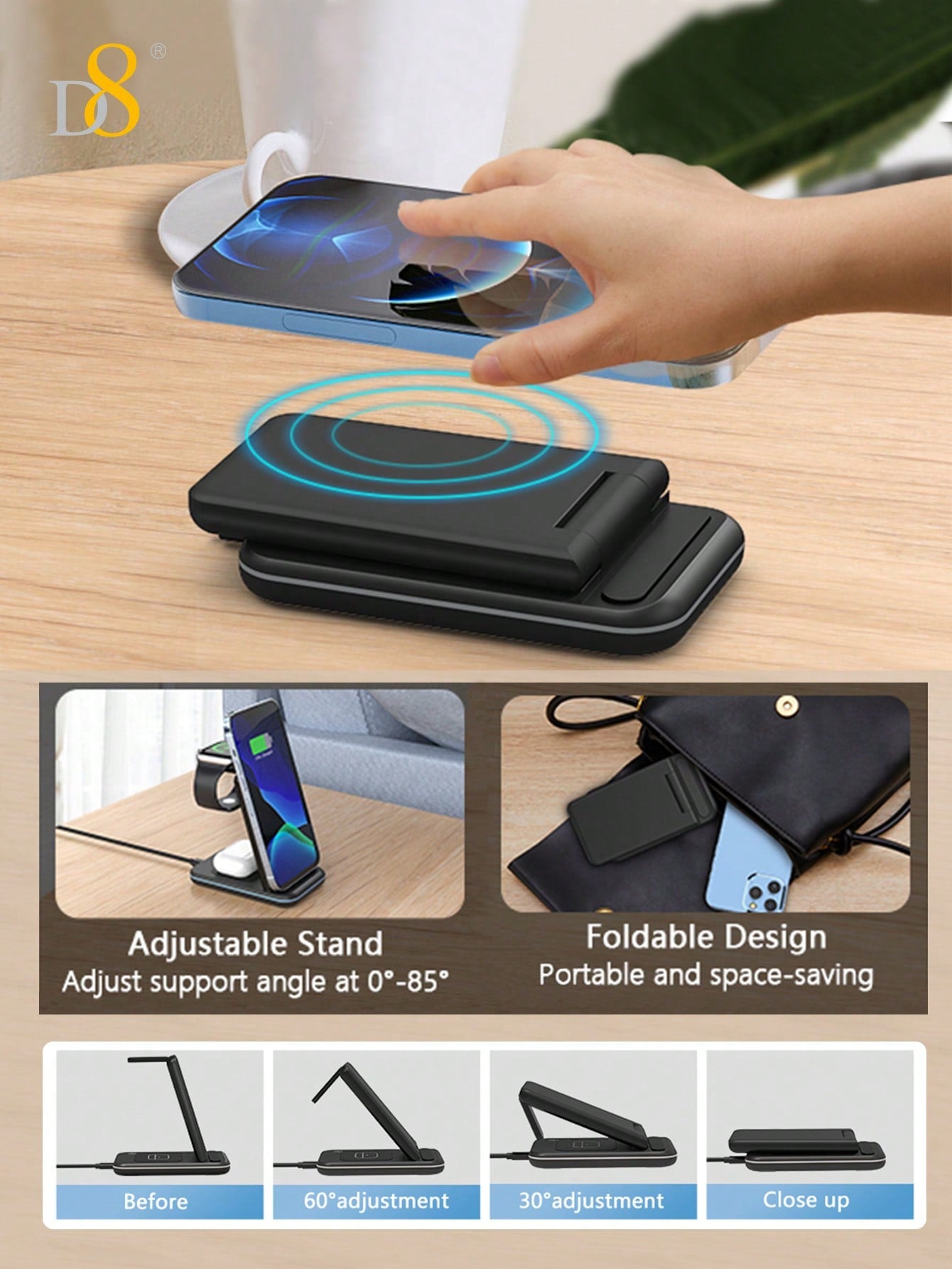 D8 Wireless Charging Station,3 In 1 Wireless Charging Stand