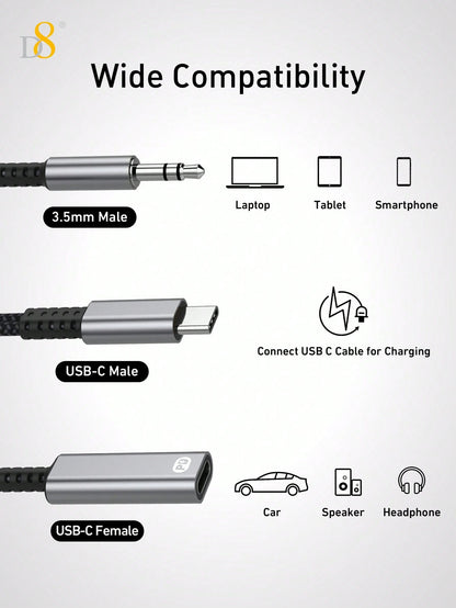 D8 USB C To 3.5mm Aux Cable With Charger, 2 In 1 USB C To 3.5mm Headphone Car Stereo Aux Cable With PD 60W Charging Compatible With IPhone 16/16Pro/15/15Pro, Galaxy S24 Ultra/S24/S23/S21FE, Pixel 8/7/6