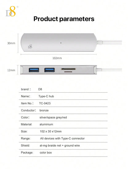 D8 4 In 1 USB C Hub Multiport Adapter With USB-C And 2 USB A 3.0 5Gbps, SD/TF Card Reader, Aluminum USB C To USB Hub Compatible With Iphone 16/15 Series, Compatible With Macbook, Pro 2021/2019/2018, Chromebook Pixel Matebook Ulti USB Port Hub For Windows,