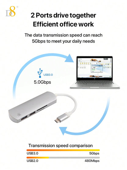 D8 4 In 1 USB C Hub Multiport Adapter With USB-C And 2 USB A 3.0 5Gbps, SD/TF Card Reader, Aluminum USB C To USB Hub Compatible With Iphone 16/15 Series, Compatible With Macbook, Pro 2021/2019/2018, Chromebook Pixel Matebook Ulti USB Port Hub For Windows,