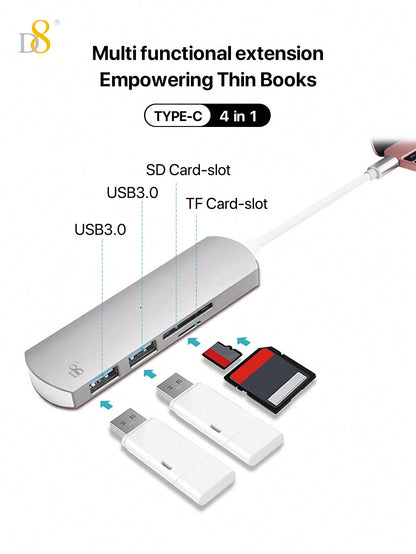 D8 4 In 1 USB C Hub Multiport Adapter With USB-C And 2 USB A 3.0 5Gbps, SD/TF Card Reader, Aluminum USB C To USB Hub Compatible With Iphone 16/15 Series, Compatible With Macbook, Pro 2021/2019/2018, Chromebook Pixel Matebook Ulti USB Port Hub For Windows,