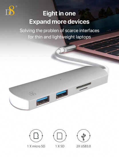 D8 4 In 1 USB C Hub Multiport Adapter With USB-C And 2 USB A 3.0 5Gbps, SD/TF Card Reader, Aluminum USB C To USB Hub Compatible With Iphone 16/15 Series, Compatible With Macbook, Pro 2021/2019/2018, Chromebook Pixel Matebook Ulti USB Port Hub For Windows,