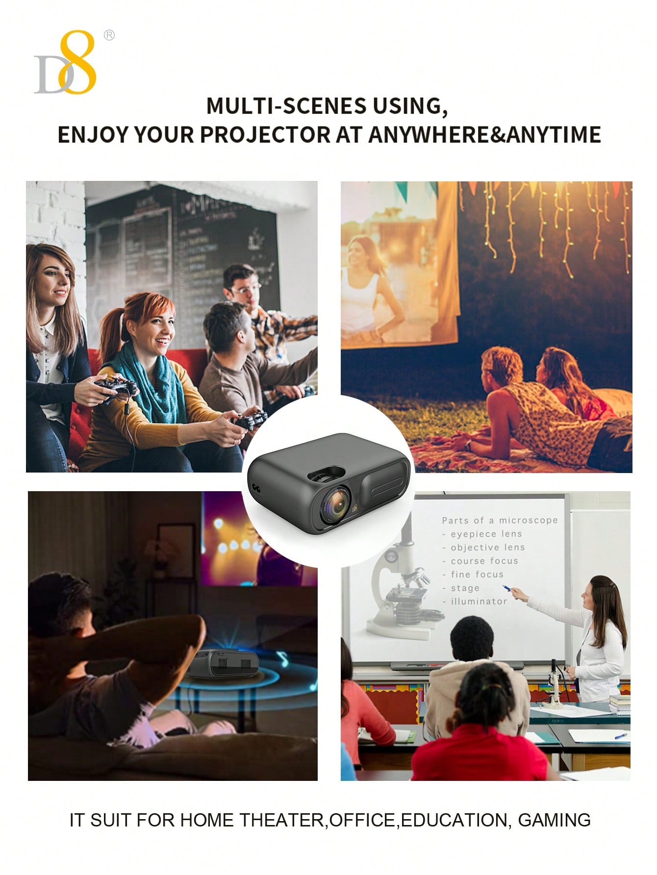 D8  High Performance Projector For Movies & Gaming ,Bright 5800 Lumens ,DLP Single Chip Design ,Enhanced Gaming Mode 16ms Response Time ,130inch  Home Theater Video Projector Support 4K ,4P/4D Keystone, Zoom, Compatible With IPhone IPad, Android Phones/HD