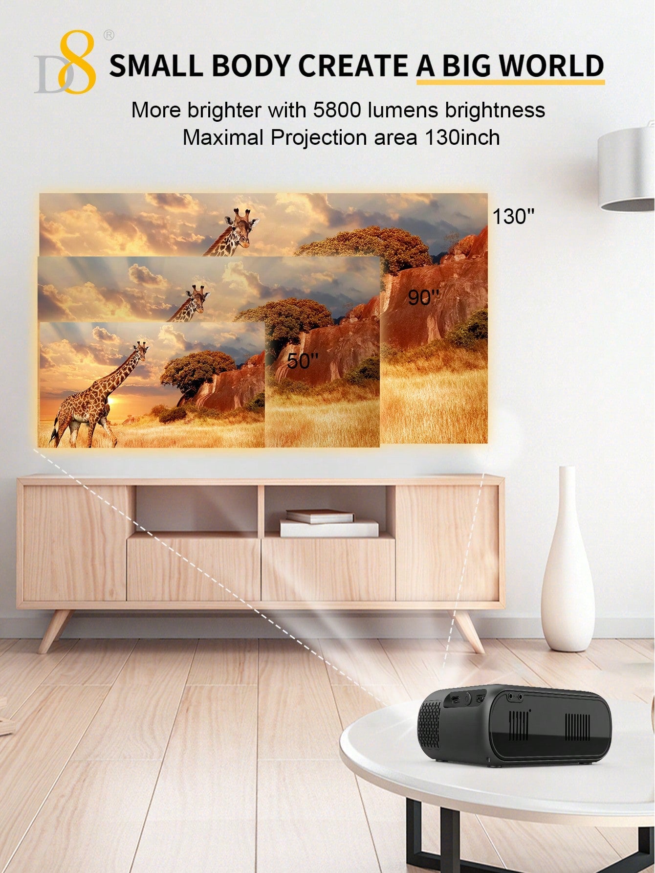 D8  High Performance Projector For Movies & Gaming ,Bright 5800 Lumens ,DLP Single Chip Design ,Enhanced Gaming Mode 16ms Response Time ,130inch  Home Theater Video Projector Support 4K ,4P/4D Keystone, Zoom, Compatible With IPhone IPad, Android Phones/HD