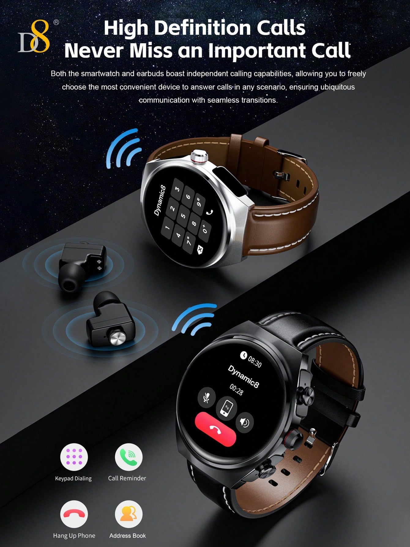 D8 Smart Watch With Earbuds For Men Women,1.53" HD Touch Screen,9D Sound Effects,100+ Fitness & Sleep Monitor, Recording Microphone,New Design Style(Call Receive/Dial), Message Notifcation, Android Phones And IOS Compatible,For Outdoor Activities And Fitn