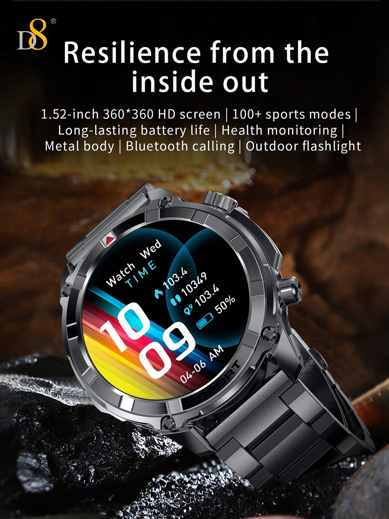 D8 Smart Watch For Men (Answer/Make Call),LED Flashlight Srtong Outdoor,2024 HD 1.52"Smartwatch Fitness Activity Tracker, 100+ Sports IP68Waterproof