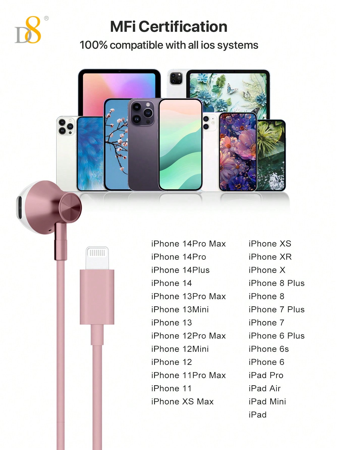 D8 Wired In-Ear Headphones With Lightning Connector - Sound Isolating Earbuds With Microphone And Volume Control, Push Button Remote, Tangle-Free Cable, Plastic, Ear Cushions Included, Non-Waterproof - MFi Certified Compatible With IPhone 14 13 12 11 Pro