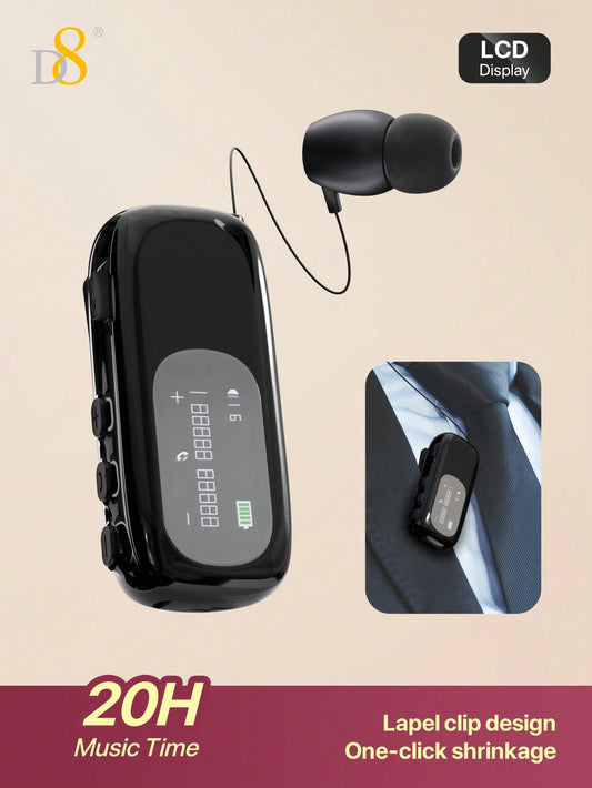 D8 Retractable Wireless Headset ,LCD Display Over-Ear Buds,Headphone Stereo Earphone Noise Cancelling Mic Clip On Earpiece Comfortable HandsFree Headset 20Hrs